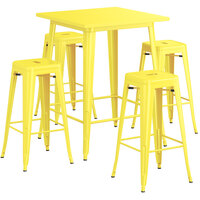 Lancaster Table & Seating Alloy Series 31 1/2" x 31 1/2" Yellow Bar Height Outdoor Table with 4 Backless Barstools