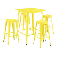 Lancaster Table & Seating Alloy Series 31 1/2" x 31 1/2" Yellow Bar Height Outdoor Table with 4 Backless Barstools