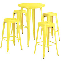 Lancaster Table & Seating Alloy Series 30 inch Round Yellow Outdoor Bar Height Table with Four Barstools