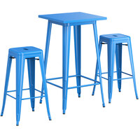 Lancaster Table & Seating Alloy Series 24" x 24" Blue Outdoor Bar Height Table with Two Barstools