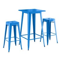 Lancaster Table & Seating Alloy Series 23 1/2 inch x 23 1/2 inch Blue Quartz Bar Height Outdoor Table with 2 Backless Barstools