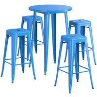 Lancaster Table & Seating Alloy Series 30 inch Round Blue Bar Height Outdoor Table with 4 Backless Barstools