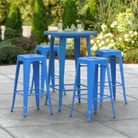Lancaster Table & Seating Alloy Series 30 inch Round Blue Outdoor Bar Height Table with Four Barstools