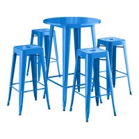 Lancaster Table & Seating Alloy Series 30" Round Blue Bar Height Outdoor Table with 4 Backless Barstools