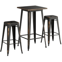 Lancaster Table & Seating Alloy Series 24" x 24" Distressed Copper Outdoor Bar Height Table with Two Barstools