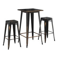 Lancaster Table & Seating Alloy Series 23 1/2" x 23 1/2" Distressed Copper Bar Height Outdoor Table with 2 Backless Barstools