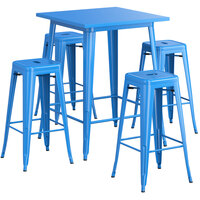 Lancaster Table & Seating Alloy Series 31 1/2" x 31 1/2" Blue Bar Height Outdoor Table with 4 Backless Barstools