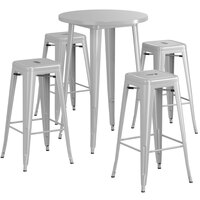 Lancaster Table & Seating Alloy Series 30 inch Round Silver Bar Height Outdoor Table with 4 Backless Barstools
