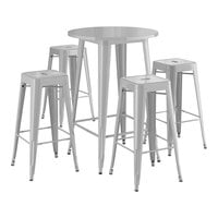 Lancaster Table & Seating Alloy Series 30" Round Silver Bar Height Outdoor Table with 4 Backless Barstools