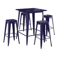 Lancaster Table & Seating Alloy Series 31 1/2" x 31 1/2" Navy Bar Height Outdoor Table with 4 Backless Barstools