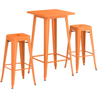 Lancaster Table & Seating Alloy Series 23 1/2 inch x 23 1/2 inch Orange Bar Height Outdoor Table with 2 Backless Barstools