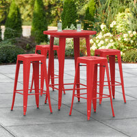 Lancaster Table & Seating Alloy Series 30 inch Round Red Outdoor Bar Height Table with Four Barstools