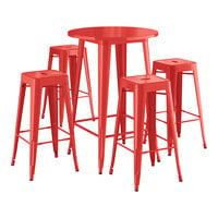 Lancaster Table & Seating Alloy Series 30 inch Round Ruby Red Bar Height Outdoor Table with 4 Backless Barstools