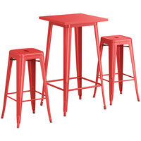 Lancaster Table & Seating Alloy Series 24 inch x 24 inch Red Outdoor Bar Height Table with Two Barstools