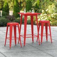 Lancaster Table & Seating Alloy Series 24 inch x 24 inch Red Outdoor Bar Height Table with Two Barstools