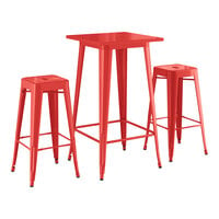 Lancaster Table & Seating Alloy Series 23 1/2 inch x 23 1/2 inch Ruby Red Bar Height Outdoor Table with 2 Backless Barstools