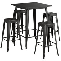 Lancaster Table & Seating Alloy Series 32" x 32" Black Bar Height Outdoor Table with 4 Backless Barstools
