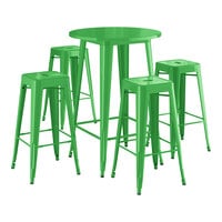 Lancaster Table & Seating Alloy Series 30 inch Round Green Bar Height Outdoor Table with 4 Backless Barstools