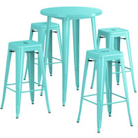 Lancaster Table & Seating Alloy Series 30 inch Round Seafoam Outdoor Bar Height Table with Four Barstools