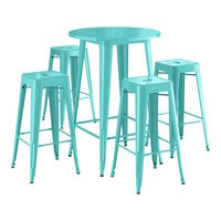 Lancaster Table & Seating Alloy Series 30" Round Seafoam Bar Height Outdoor Table with 4 Backless Barstools