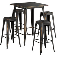 Lancaster Table & Seating Alloy Series 32" x 32" Distressed Copper Bar Height Outdoor Table with 4 Backless Barstools