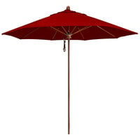 California Umbrella Lodge Series 9' Jockey Red Pulley Lift Umbrella with 1 1/2 inch Simulation Wood Aluminum Pole - Sunbrella 2A Canopy