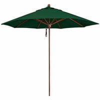 California Umbrella Lodge Series 9' Forest Green Pulley Lift Umbrella with 1 1/2 inch Simulation Wood Aluminum Pole - Sunbrella 1A Canopy