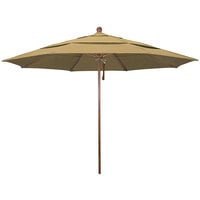 California Umbrella Venture Series 11' Pulley Lift Umbrella with 1 1/2 inch American Oak Aluminum Pole - Olefin Canopy - Straw Fabric
