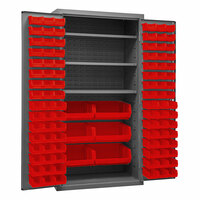 Durham Mfg 36 inch x 24 inch x 72 inch 3-Shelf Storage Cabinet with 102 Red Bins 2501-BDLP-102-3S-1795