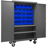 Durham Mfg 48 inch x 24 inch x 81 inch Mobile 2-Shelf Storage Cabinet with 18 Blue Bins 2502M-BLP-18-2S-5295