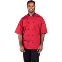 Uncommon Chef Havana Unisex Red Customizable Short Sleeve Chef Coat with Mesh Back 0494 - M