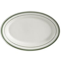 Tuxton TGB-039 Green Bay 13 1/2 inch x 9 inch Eggshell Wide Rim Rolled Edge Oval China Platter with Green Bands - 12/Case