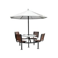Paris Site Furnishings Sombra 40 inch Round Surface Mount Perforated Steel ADA Accessible Picnic Table with 3 Attached Brown Chairs