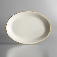 11 5/8" x 8 1/2" Ivory (American White) Scalloped Edge China Platter with Gold Band - 12/Case