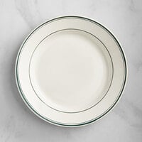 Sample - Acopa 10 1/2 inch Ivory (American White) Stoneware Wide Rim Plate with Green Bands