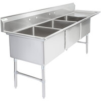Regency 102 1/2 inch 16-Gauge Stainless Steel Three Compartment Commercial Sink with 1 Drainboard - 24 inch x 24 inch x 14 inch Bowls - Right Drainboard