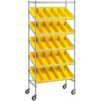 Regency 18 inch x 36 inch Mobile Slanted Chrome Shelf Unit with 25 Yellow Bins