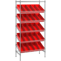 Regency 18 inch x 36 inch Stationary Slanted Chrome Shelf Unit with 25 Red Bins