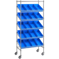 Regency 18 inch x 36 inch Mobile Slanted Chrome Shelf Unit with 20 Blue Bins