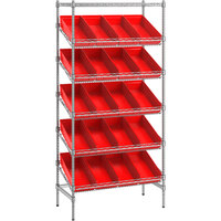 Regency 18 inch x 36 inch Stationary Slanted Chrome Shelf Unit with 20 Red Bins