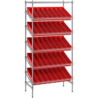Regency 18 inch x 36 inch Stationary Slanted Chrome Shelf Unit with 40 Red Bins