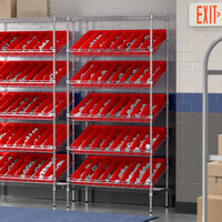 Regency 18 inch x 36 inch Stationary Slanted Chrome Shelf Unit with 40 Red Bins