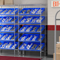 Regency 18 inch x 36 inch Stationary Slanted Chrome Shelf Unit with 20 Blue Bins