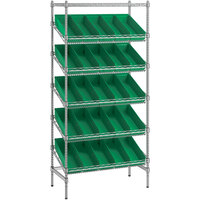 Regency 18 inch x 36 inch Stationary Slanted Chrome Shelf Unit with 25 Green Bins