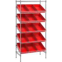 Regency 18 inch x 36 inch Stationary Slanted Chrome Shelf Unit with 15 Red Bins