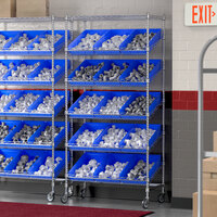 Regency 18 inch x 36 inch Mobile Slanted Chrome Shelf Unit with 15 Blue Bins