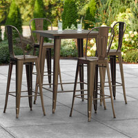 Lancaster Table & Seating Alloy Series 32 inch x 32 inch Copper Outdoor Bar Height Table with 4 Metal Cafe Bar Stools
