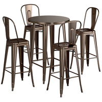 Lancaster Table & Seating Alloy Series 30" Round Copper Outdoor Bar Height Table with 4 Metal Cafe Bar Stools