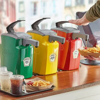 Heinz Keystone 1.5 Gallon Red, Yellow, and Green Plastic Countertop Pump Dispensers with Heinz Ketchup, Mustard, and Sweet Relish Pouches
