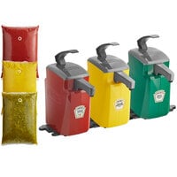 Heinz Keystone 1.5 Gallon Red, Yellow, and Green Plastic Countertop Pump Dispensers with Heinz Ketchup, Mustard, and Sweet Relish Pouches